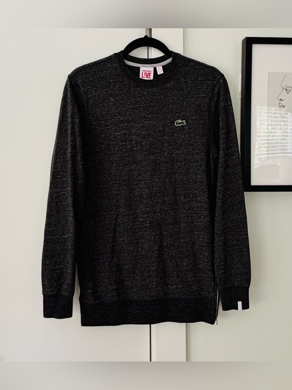 Women's Lacoste Live! Heathered grey crewneck hip-length sweatshirt zip hem XS